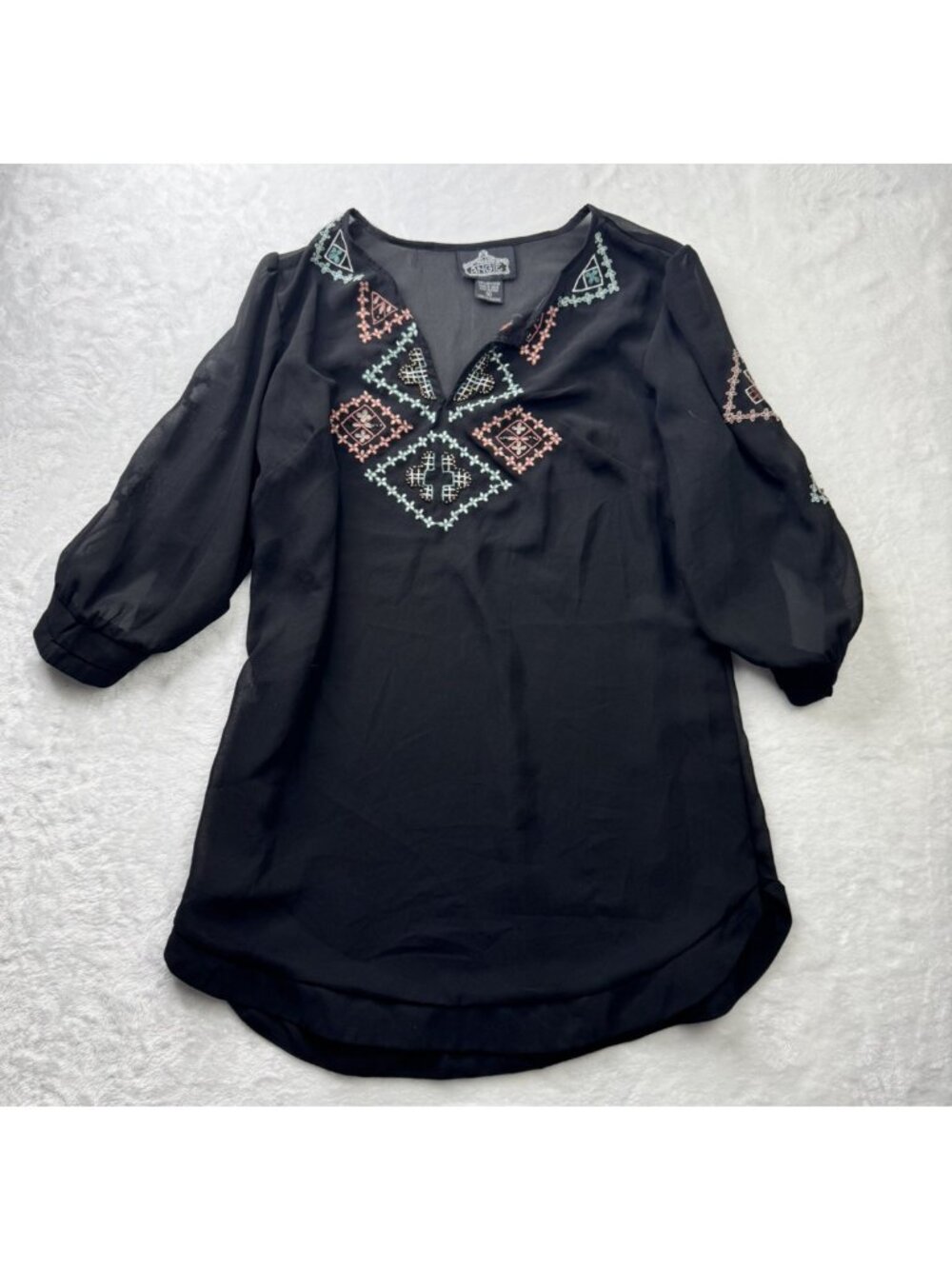 Angies Size M Womens Tunic Top Semi Sheer Embellished 3/4 Sleeves V Neck Black